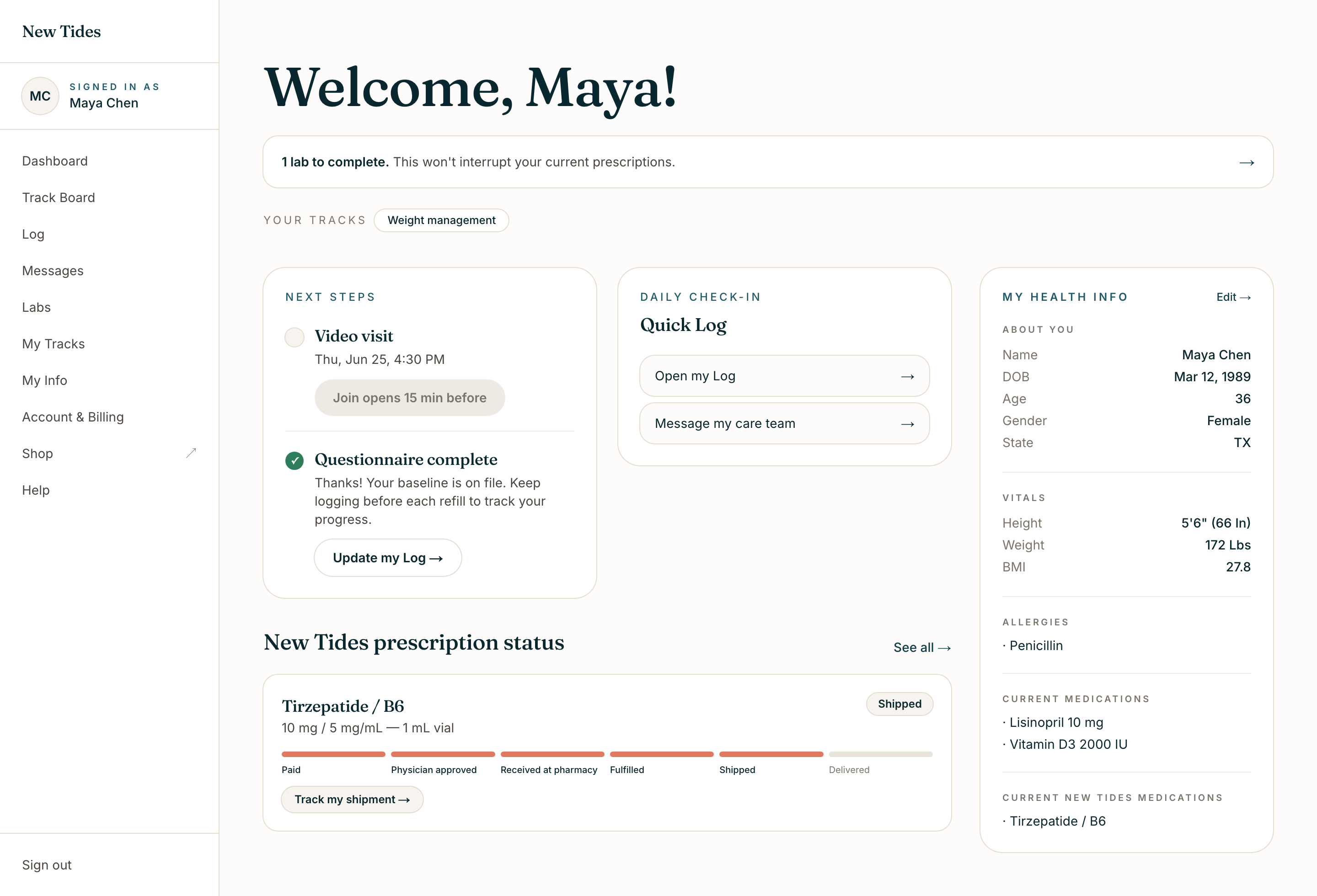The New Tides patient portal dashboard, showing next steps, prescription status, and a health summary.