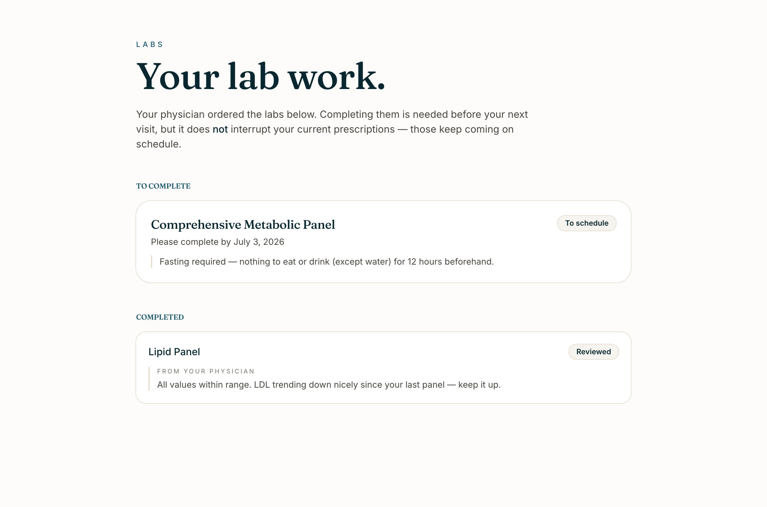 Lab orders and reviewed results in the patient portal.