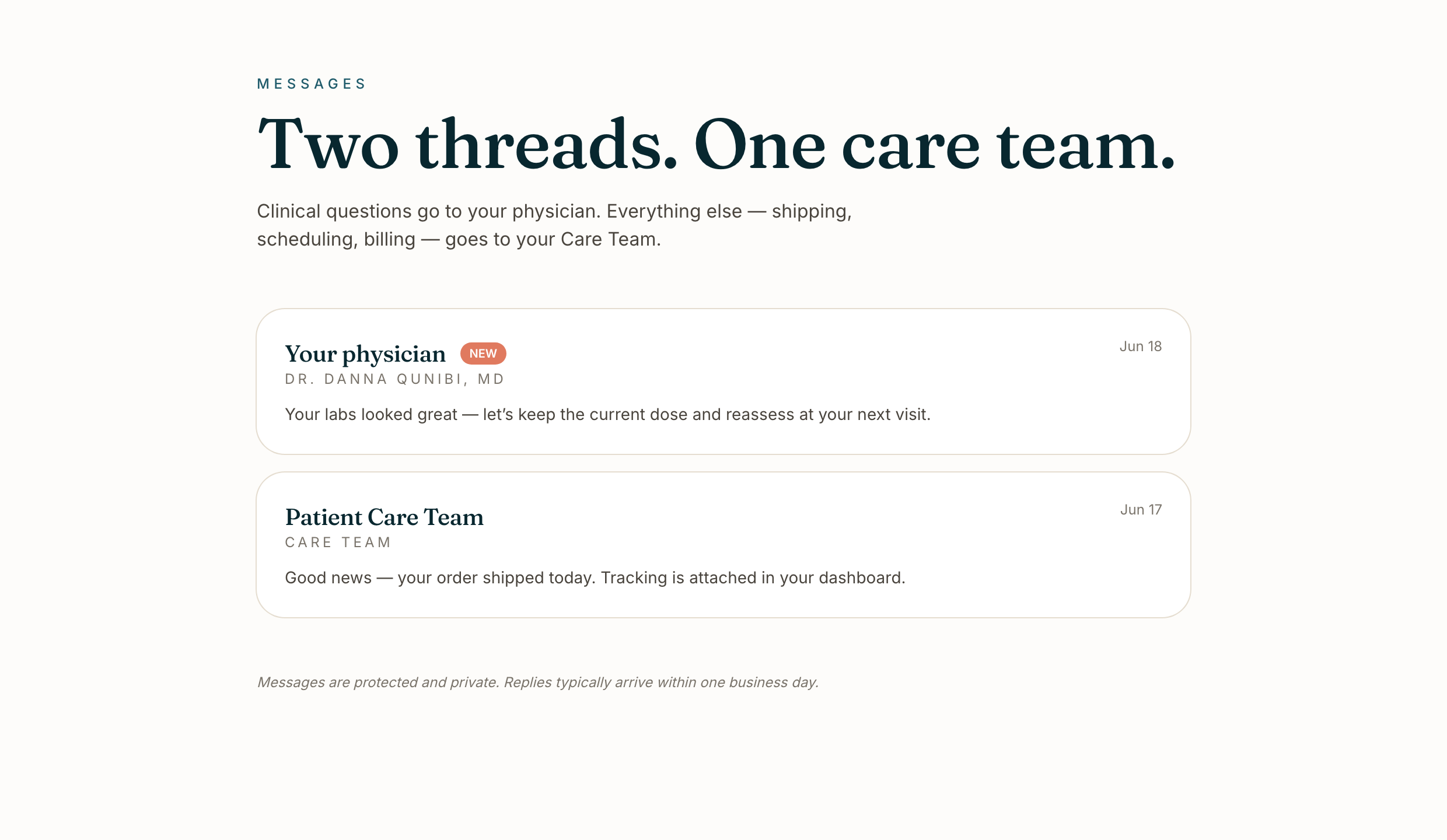 Two secure message threads — one with the physician, one with the care team.